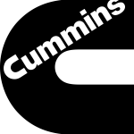 White Cummins logo on a black background, tilted diagonally.